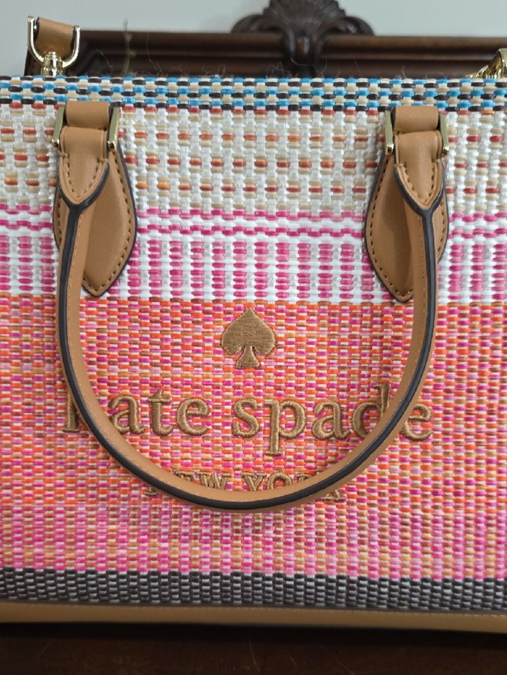 kate spade Pink and Tan Woven Straw Tote - Picture 2 of 5